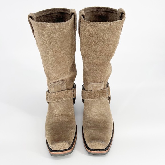 Frye Taupe Suede Leather Harness 12R Tall Square Toe Biker Boot Women's size 8.5 - Picture 5 of 12